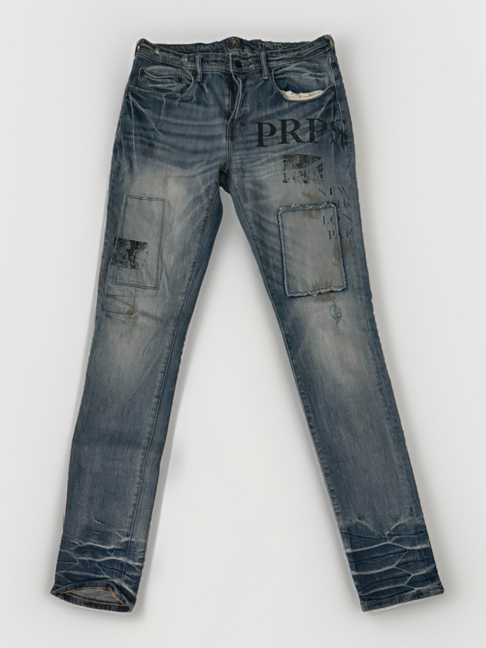 PRPS Men's Skinny Jeans in Washed Denim Blue with Patch Graphics
